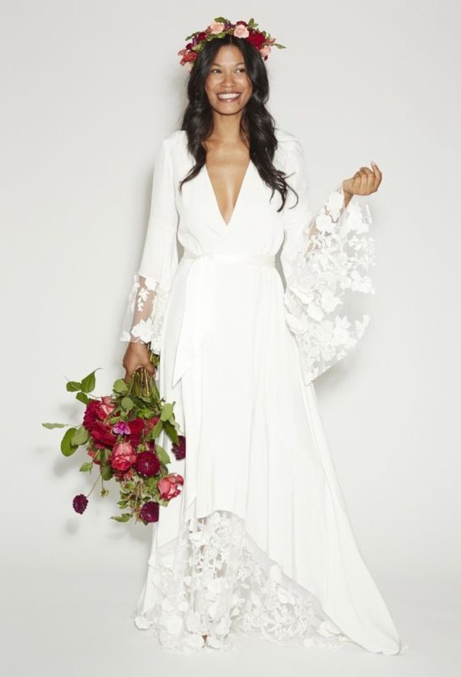Boho white wedding dress with flower crown 