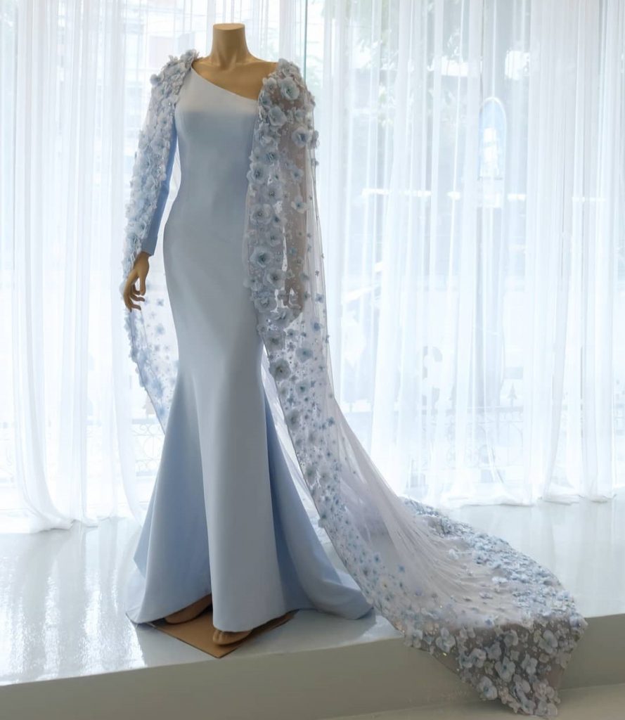Dusty blue evening gown as wedding dress 
