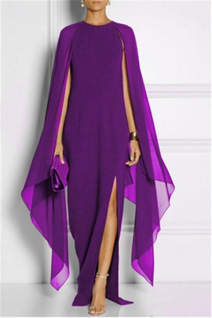 Bright purple floor length dress