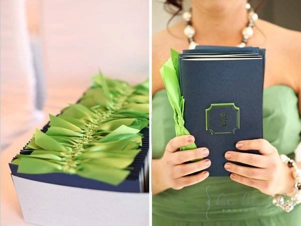 Navy wedding ceremony programs with lime green ribbon