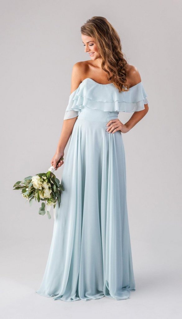 Strapless off-the-shoulder light blue bridesmaid dress