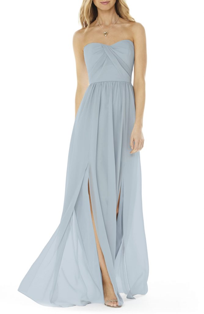 Dusty blue strapless bridesmaid dress