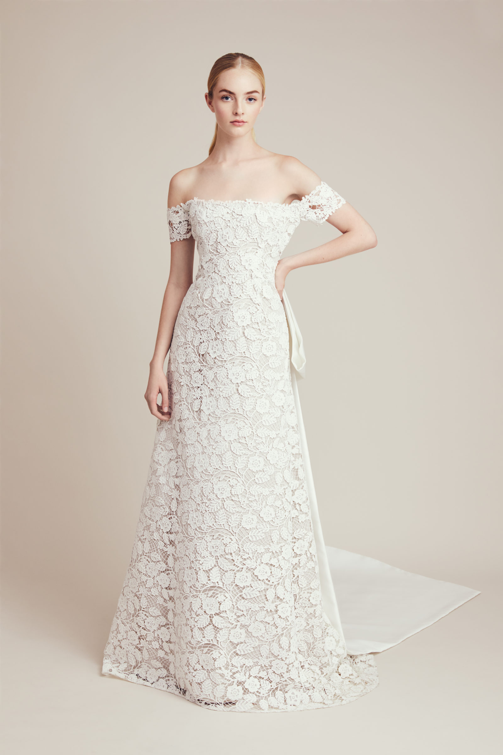 Off-the-shoulder embellished bridal gown by Lela Rose