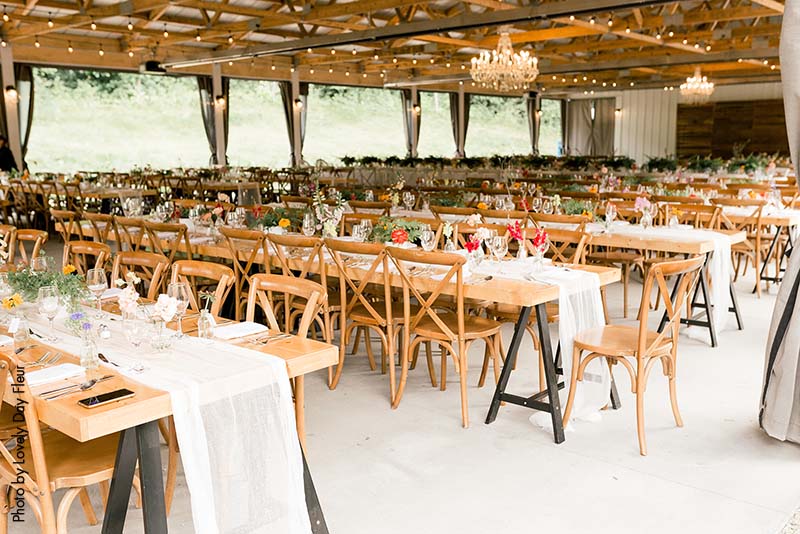 Outdoor barn wedding reception setting in Minnesota