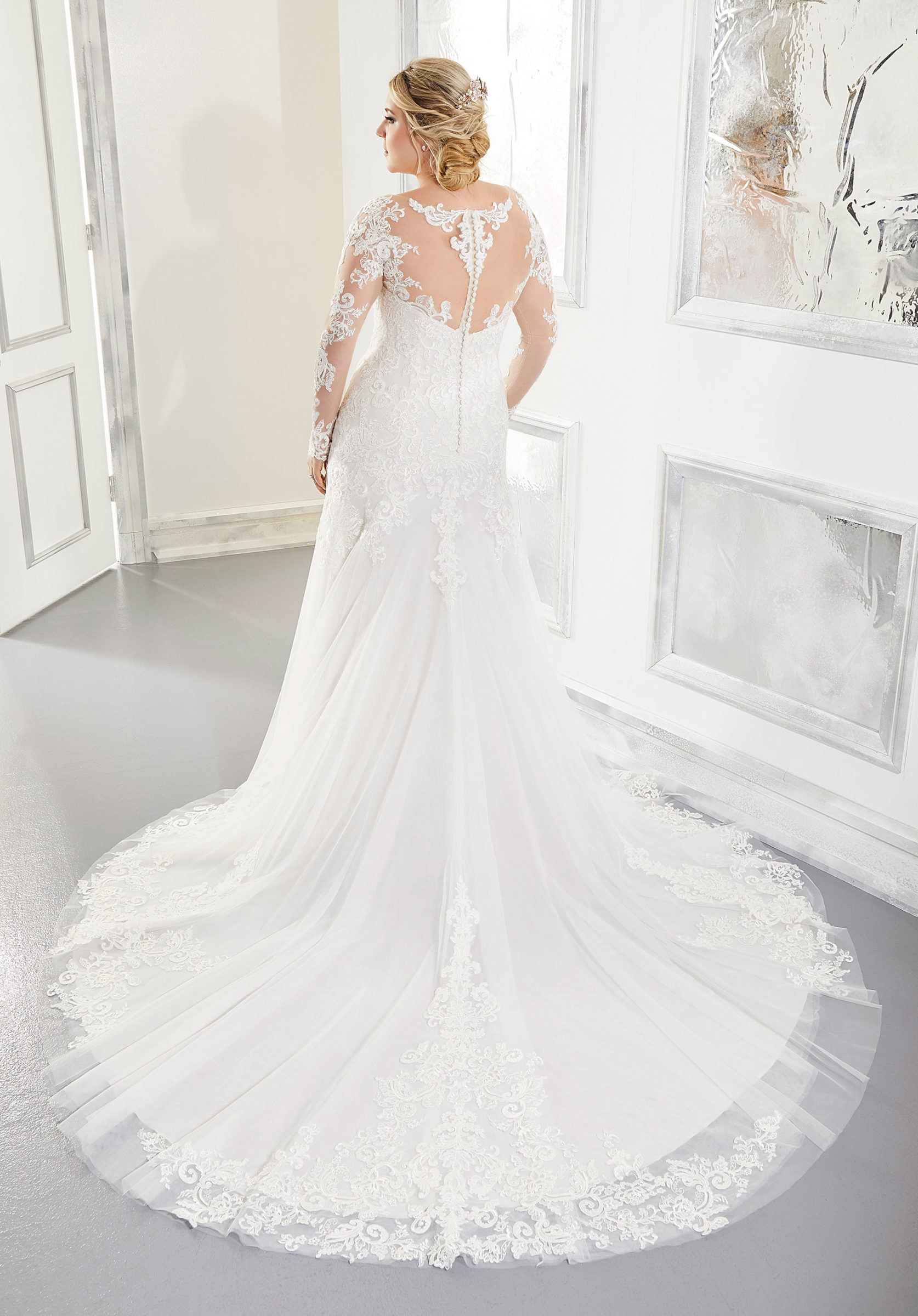 Long-sleeve naked lace bridal gown