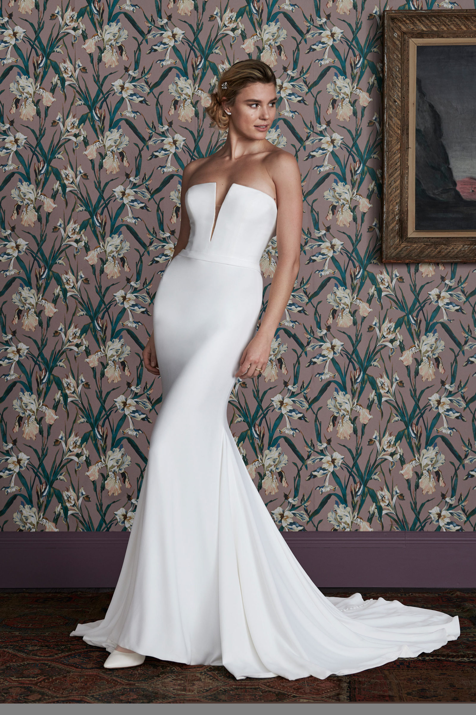 Crepe fit and flare gown with plunging neckline