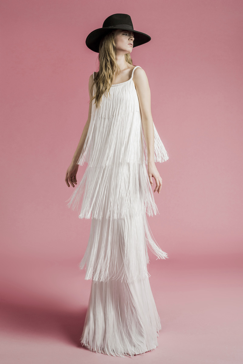 Bridal gown with fringe layers