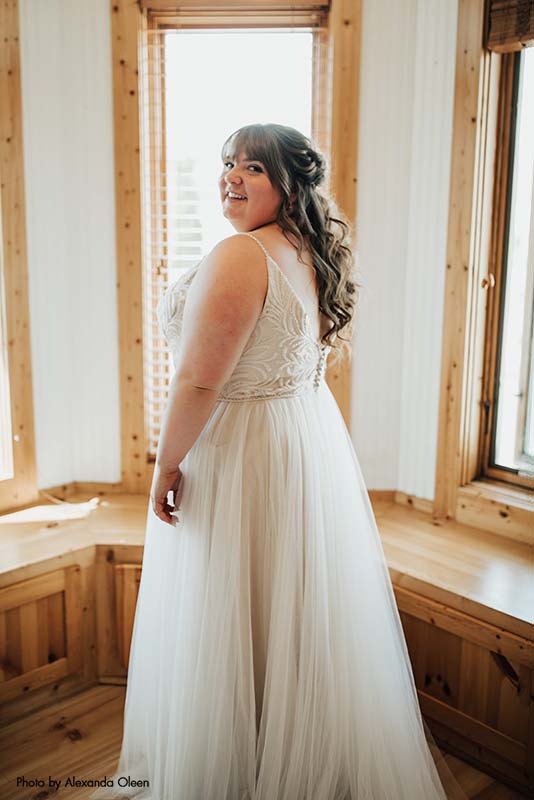 Blush ballgown for backyard, boho wedding