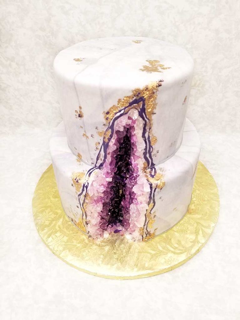 Purple, pink, and white geode wedding cake