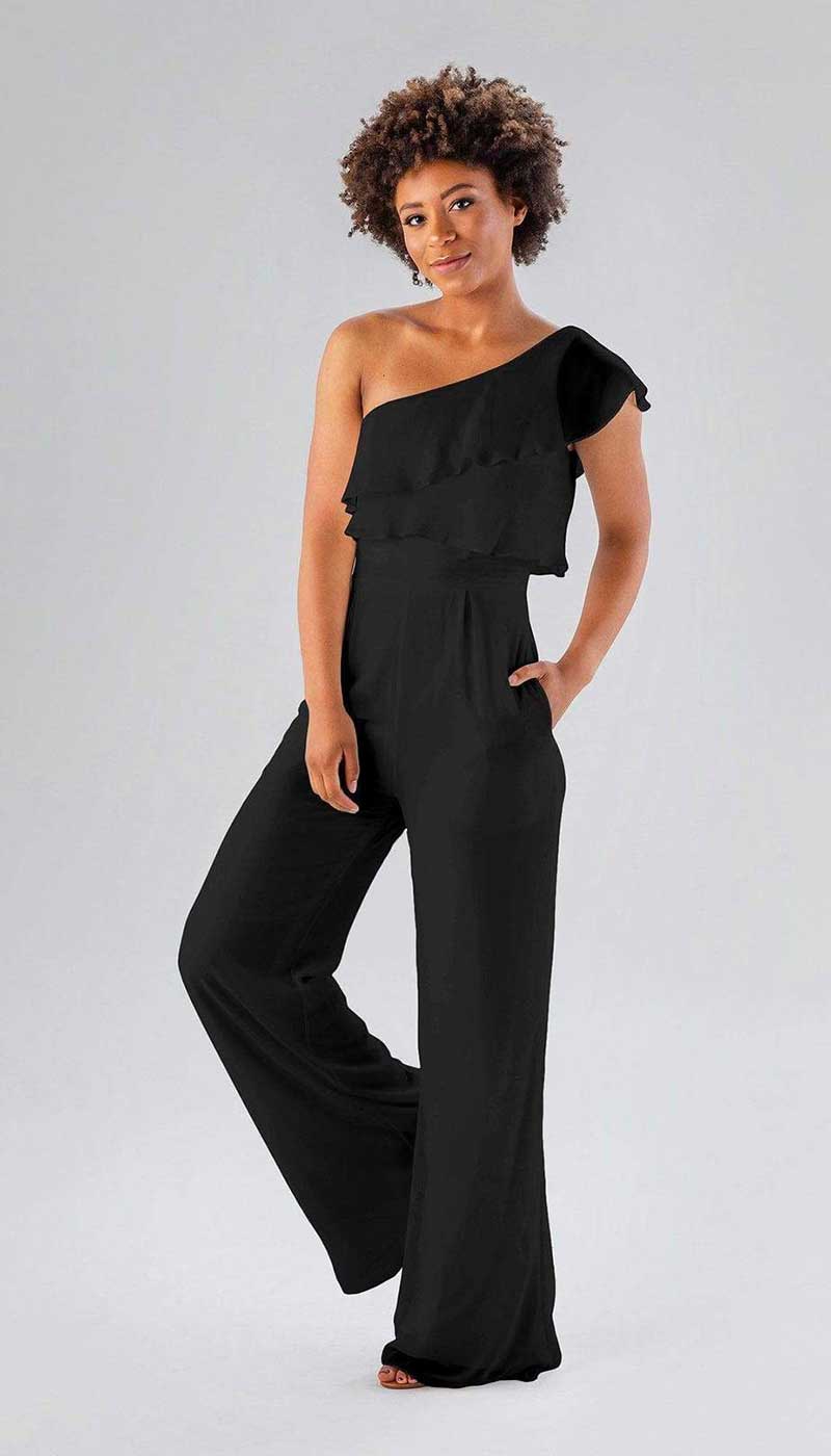Woman in black bridesmaids jumpsuit by Kennedy Blue