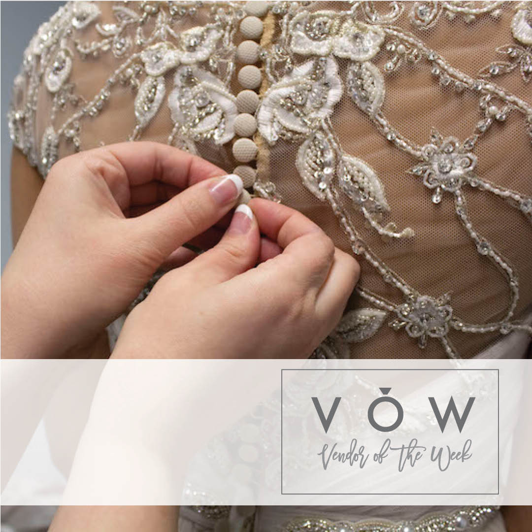 Seamstress altering bridal gown at Looking Sharp Alterations