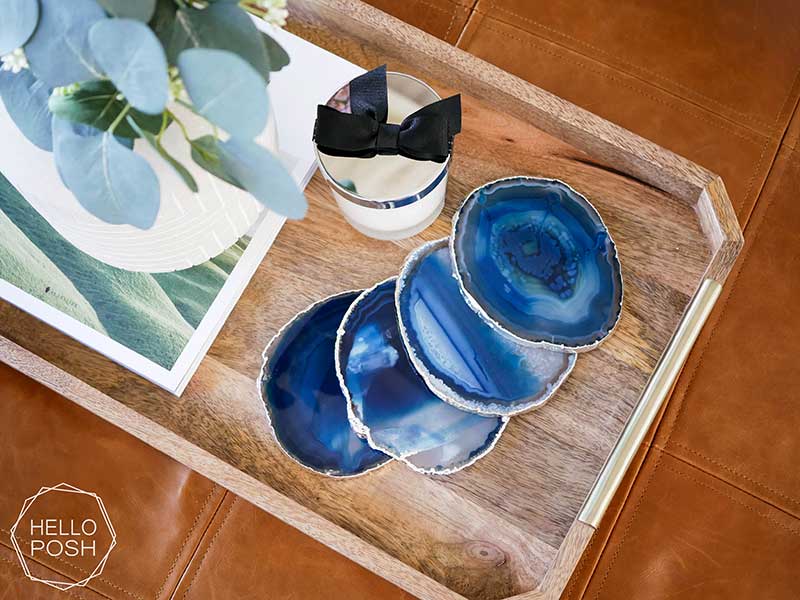 Blue geode coasters on table