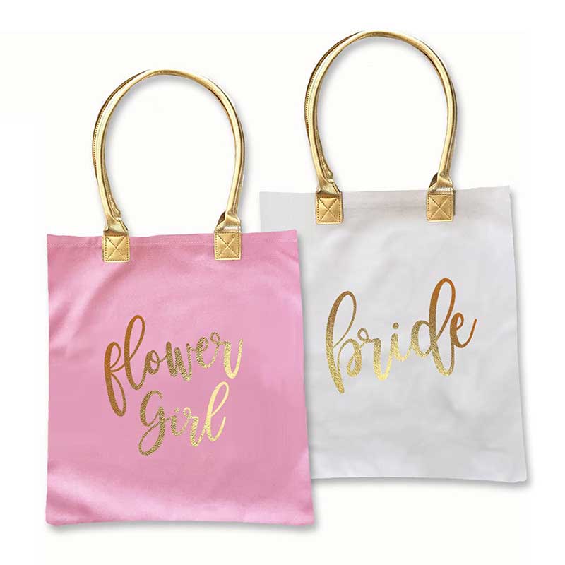 Pink flower girl and white bride totes
