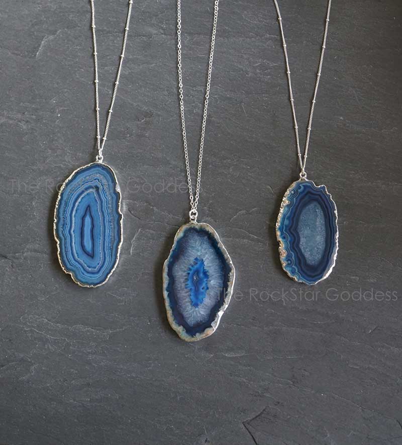 Set of three blue geode necklaces