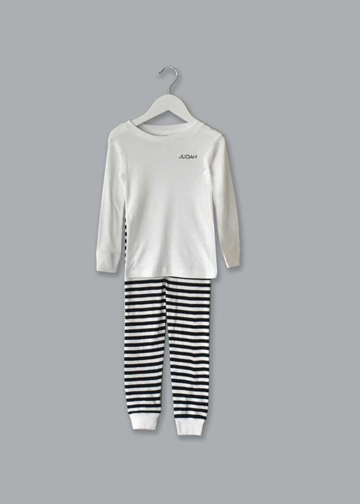 white custom pj top and striped bottoms 