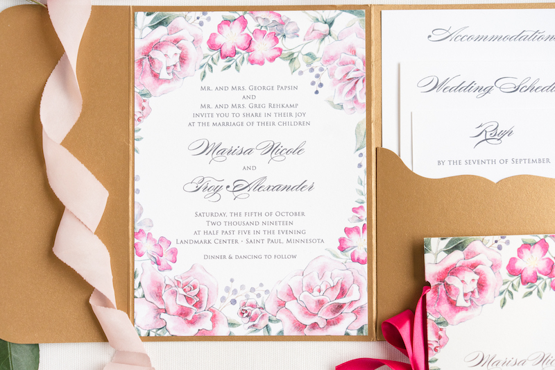 Floral pink and white wedding invitation from Epitome Papers