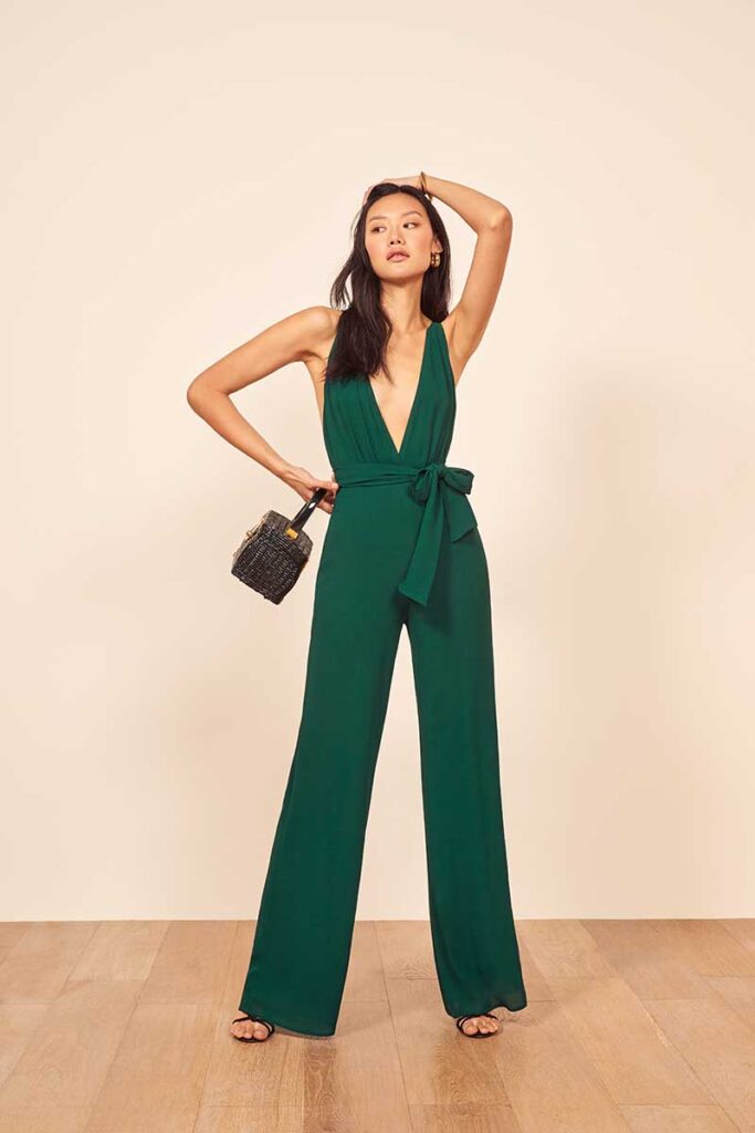 Emerald green jumpsuit by Reformation to wear at bachelorette