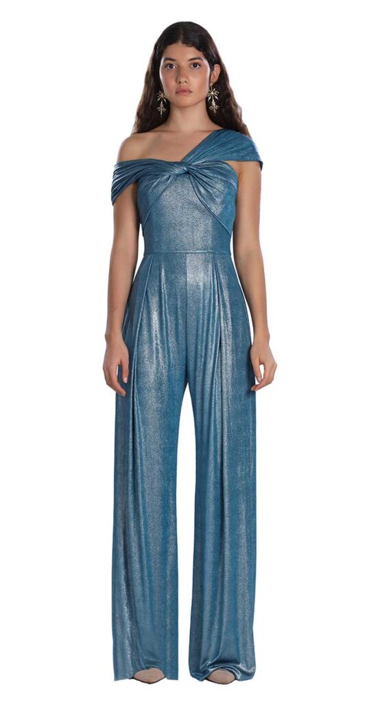 Metallic blue jumpsuit what to wear for your bridal shower