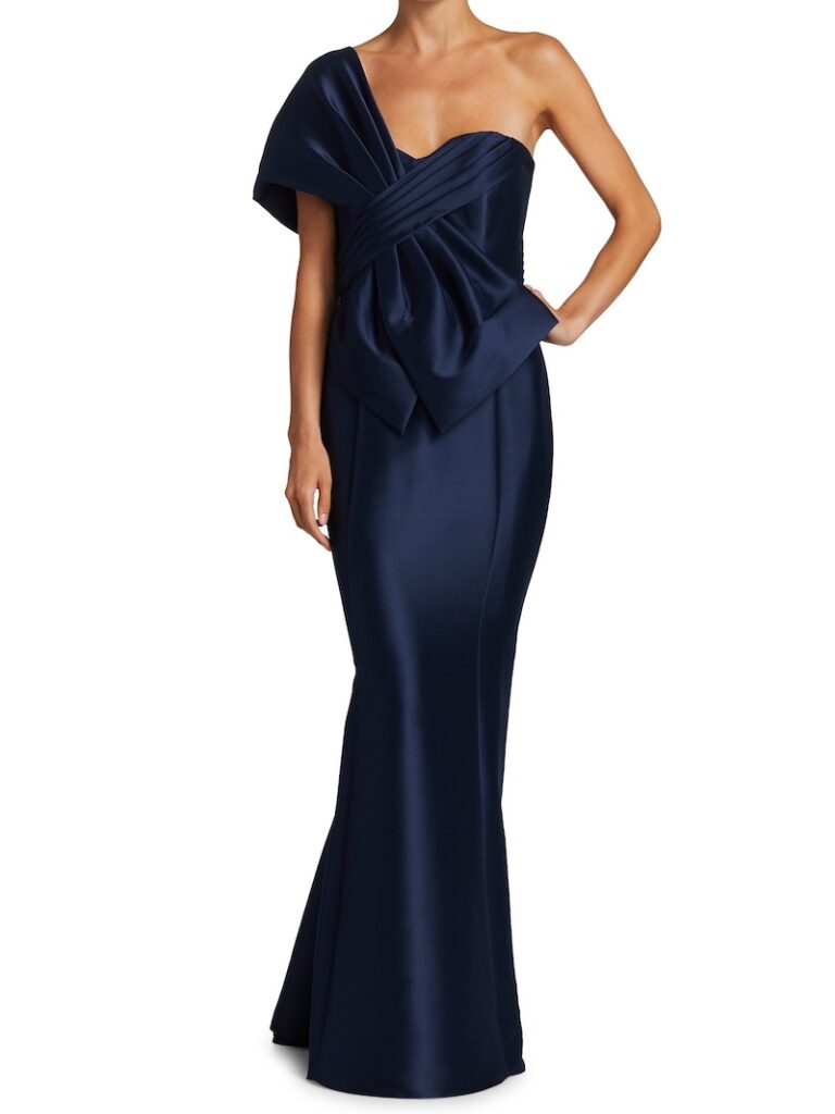 Navy floor length gown outfits to wear to a fall wedding by Badgley Mischka