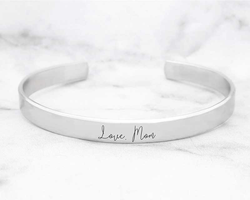 Gifts for your bridal party Silver cuff bracelet with "Love, Mom" engraved by Sincerely Silver