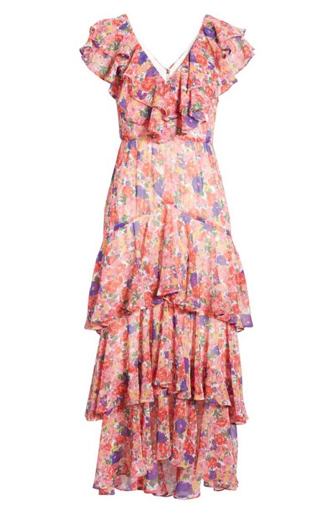 Pink floral ruffal maxi dress for rehearsal dinner by Nordstrom