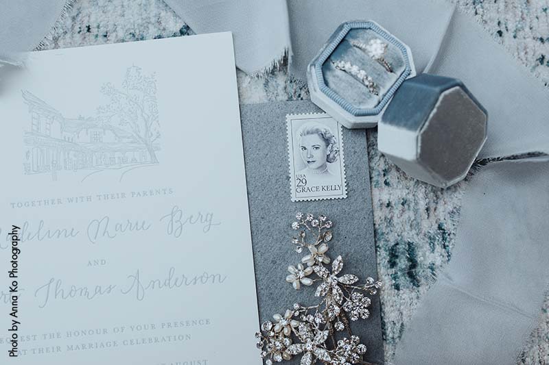 Blue and white wedding details