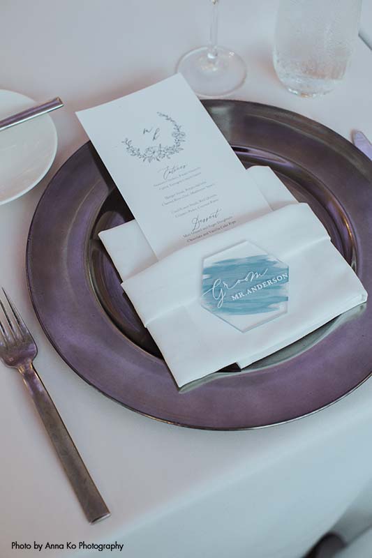 Purple charger with custom acrylic place setting
