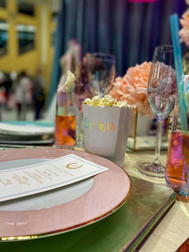 State Fair themed wedding tabletop with custom popcorn place settings