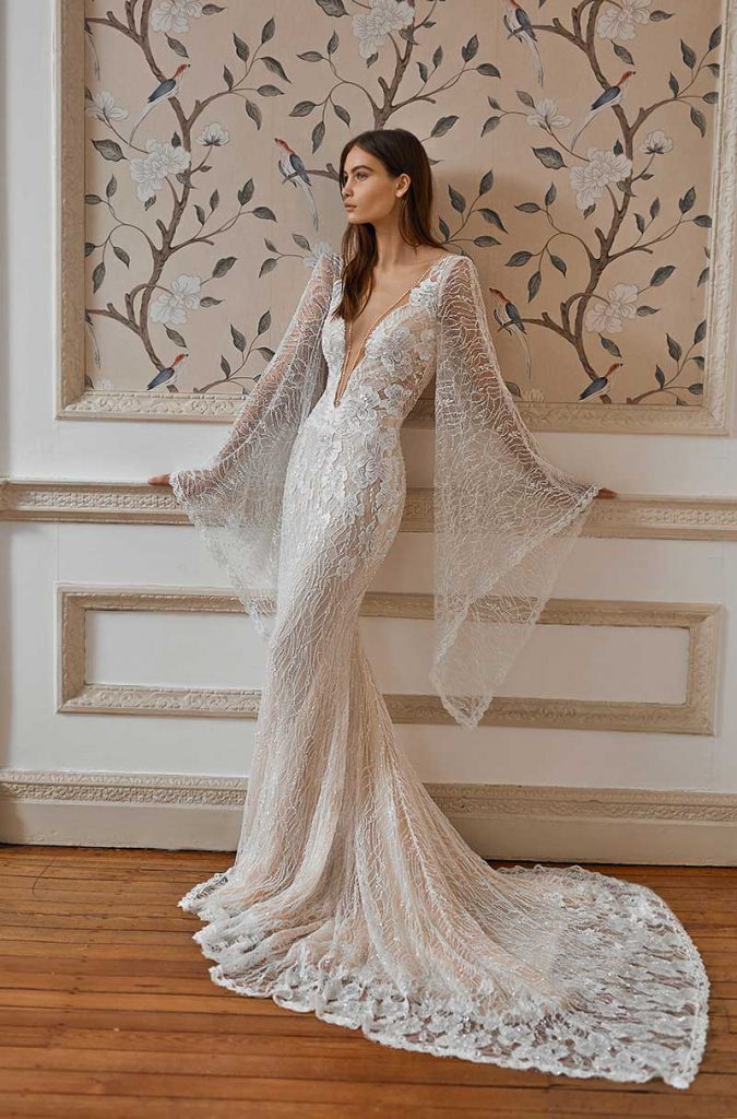 Low cut wide sleeve bridal gown
