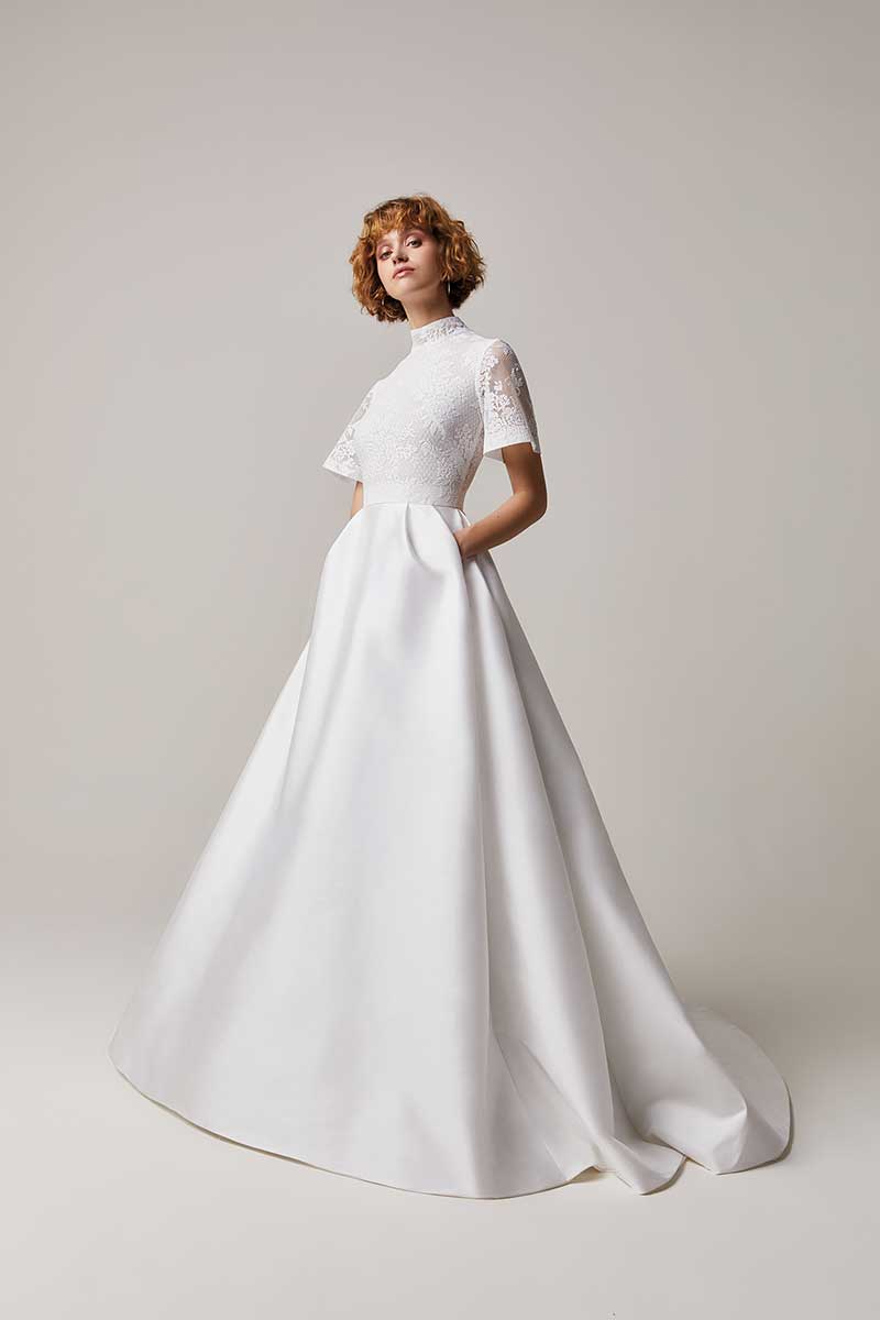 Bridal gown with floral mesh top and pockets