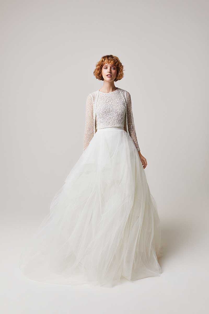 Bridal fashion gown with beaded top and tulle skirt