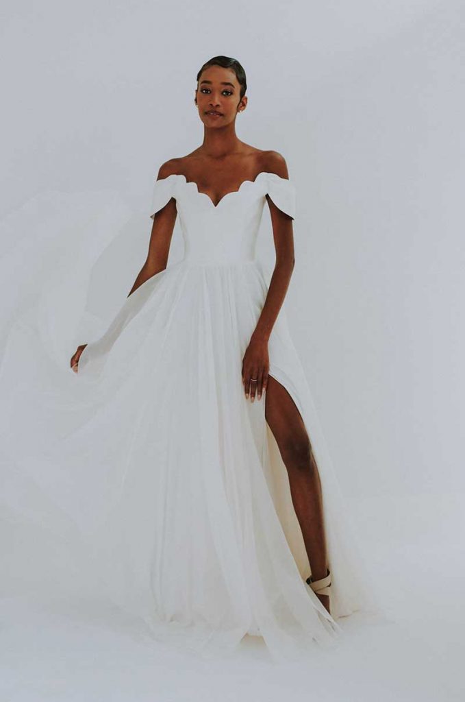 Off the shoulder 2021 bridal wedding trends gown by Leanne Marshal