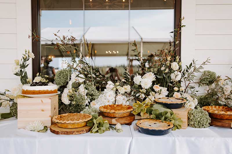 Harvest style catering pie bar at wedding