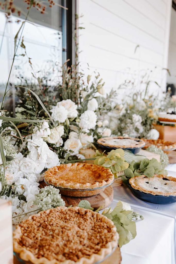 Harvest-style catering pie bar at wedding