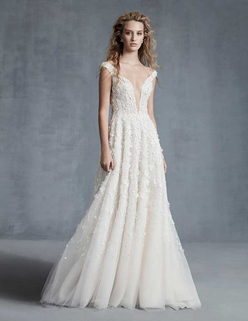 Deep v low cut floral bridal gown