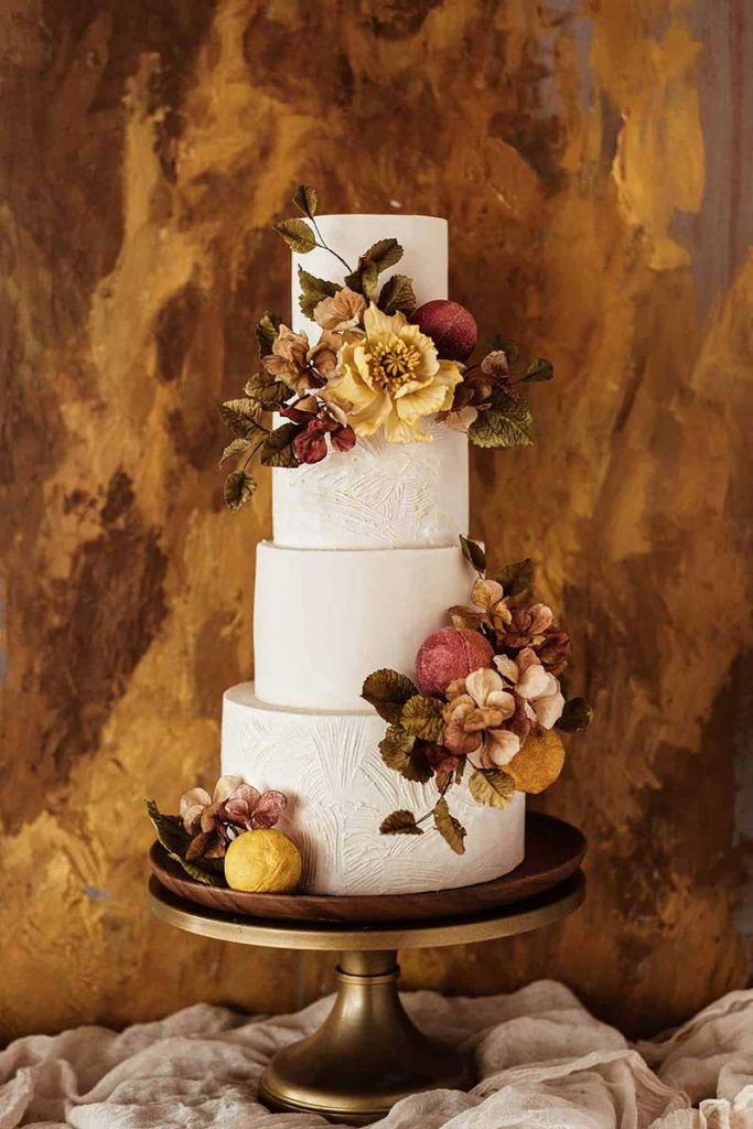 Fall wedding cake with handmade sugar floral cakes by Winifred Kriste Cakes