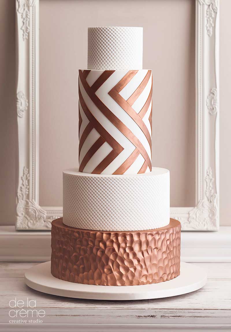 Bronze and white geometric wedding cake by De La Creme must-have desserts for fall weddings