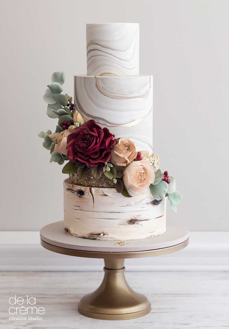 Marble birch fall wedding cake by De La Creme