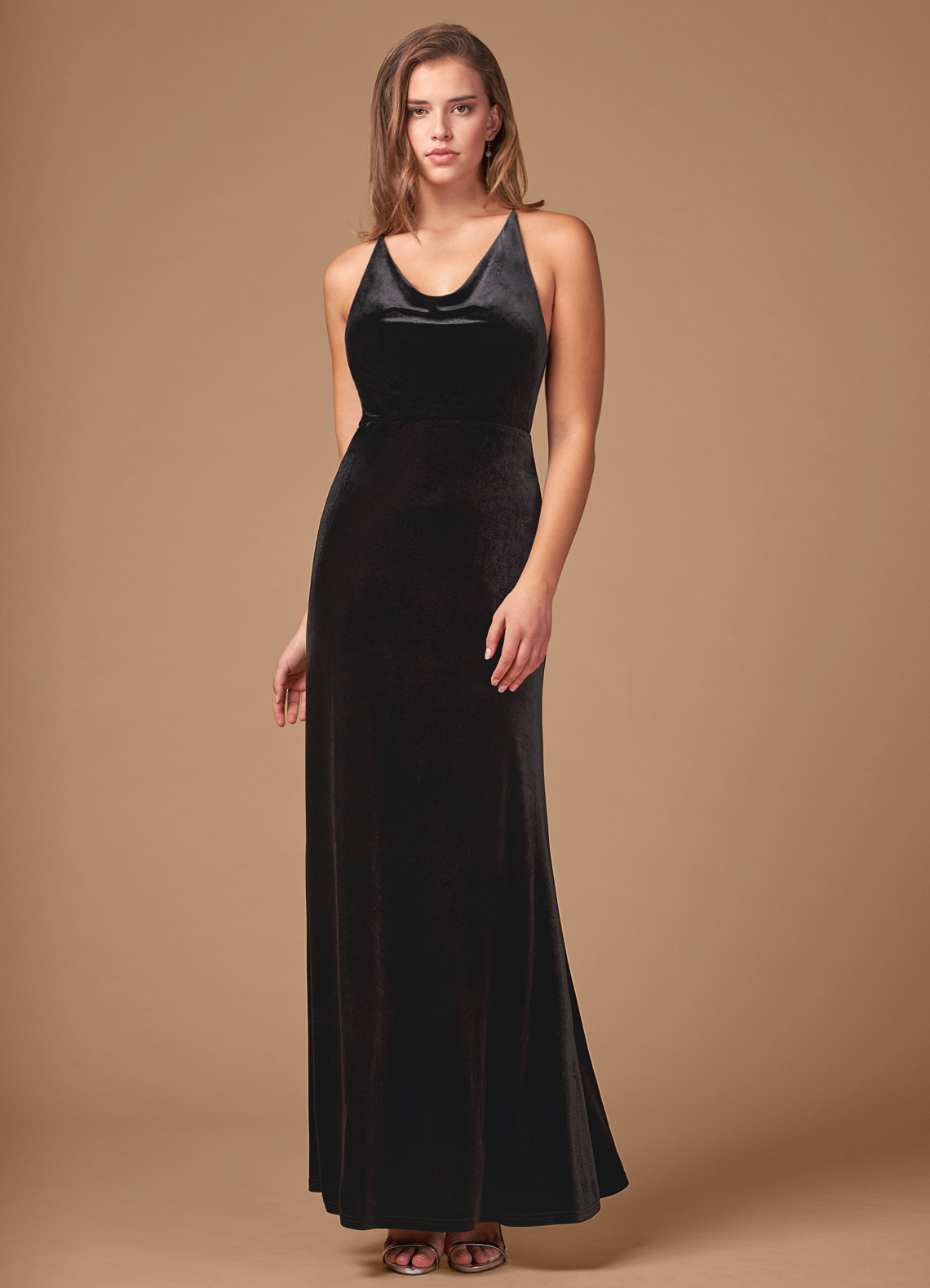 Long v-neck black velvet bridesmaid dress