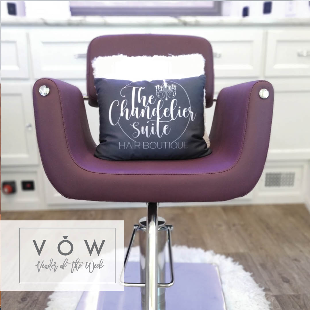 Purple chair inside the Chandelier Suite mobile bridal beauty trailer