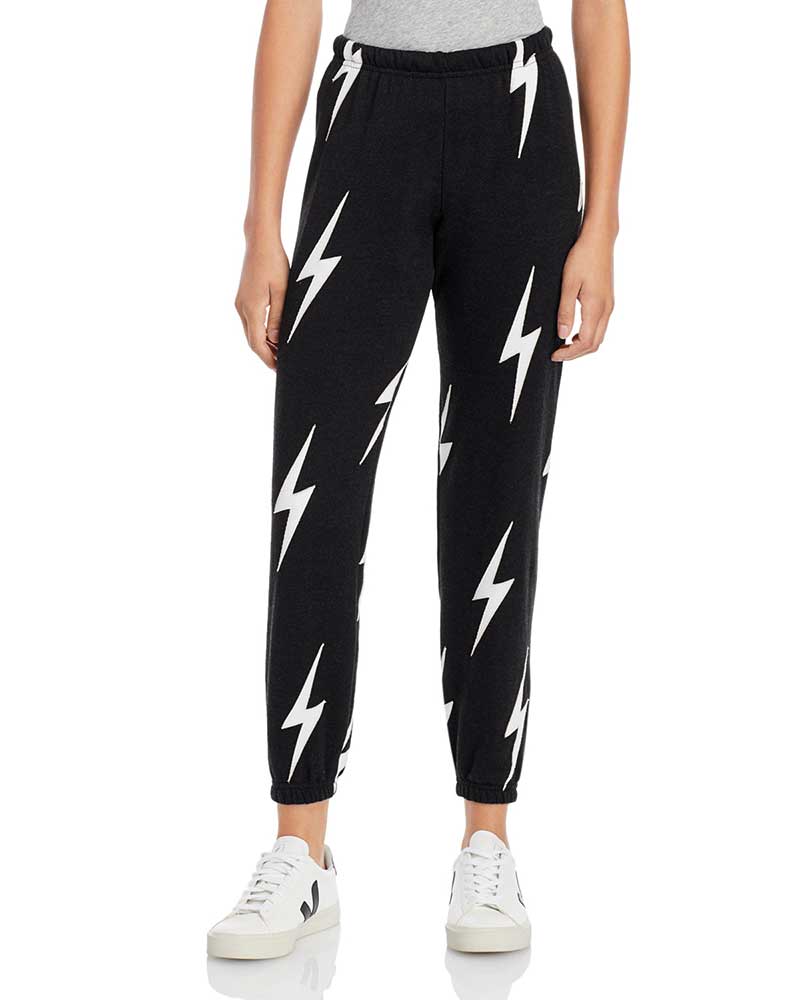 Black sweatpants with white lightning strikes