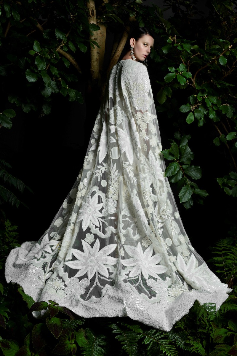Long dramatic floral applique bridal cover up cape