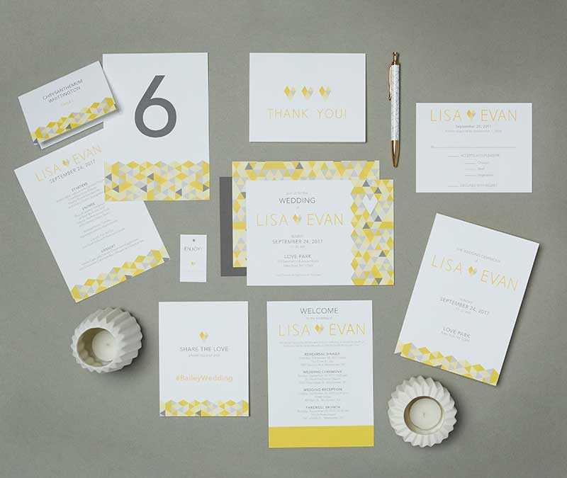 Wedding invitation suite with gray, white, and yellow color scheme