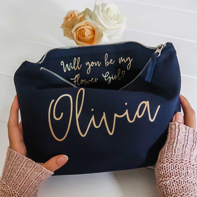 Flower girl proposal bag in navy with gold writing
