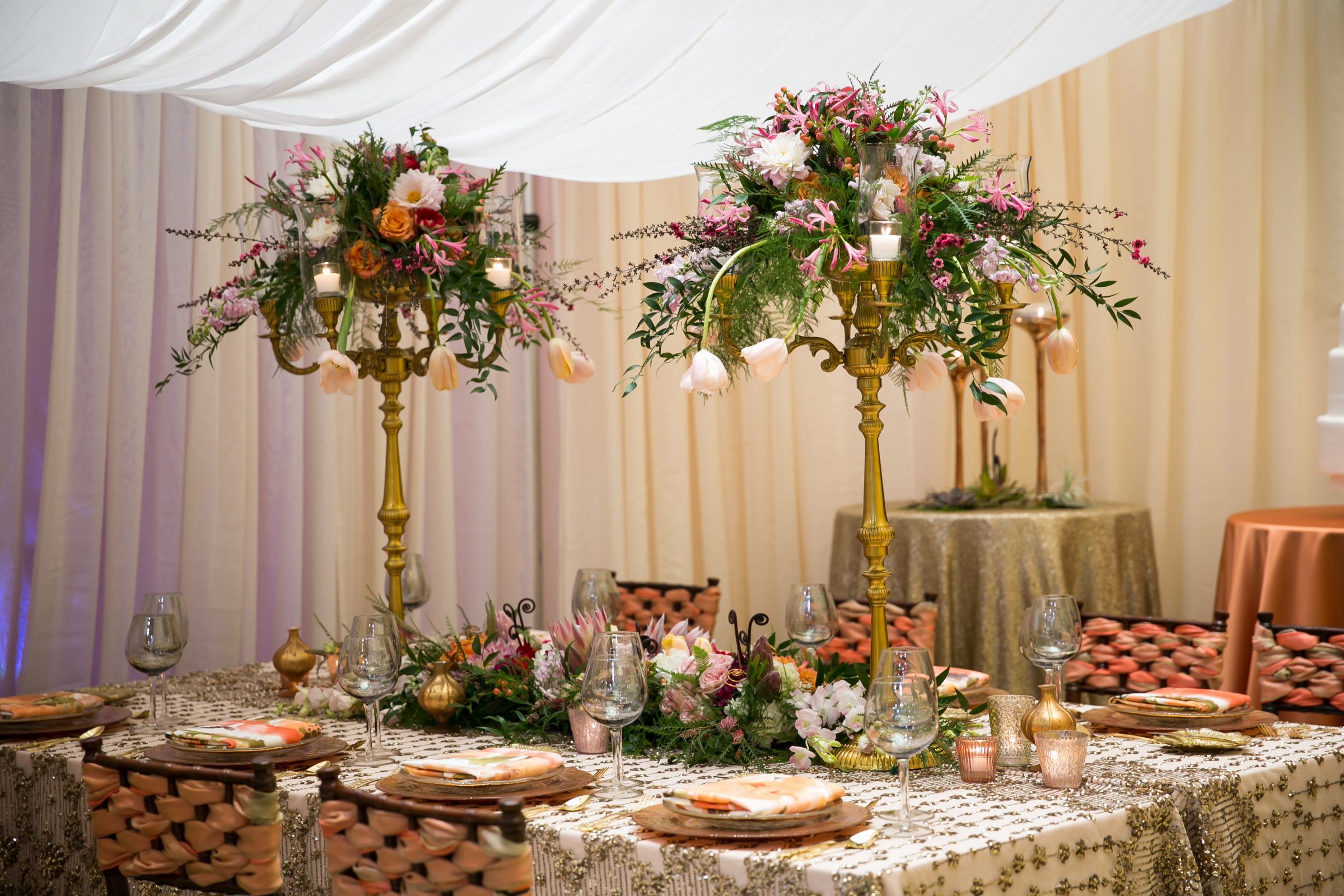 Tall gold wedding floral centerpiece