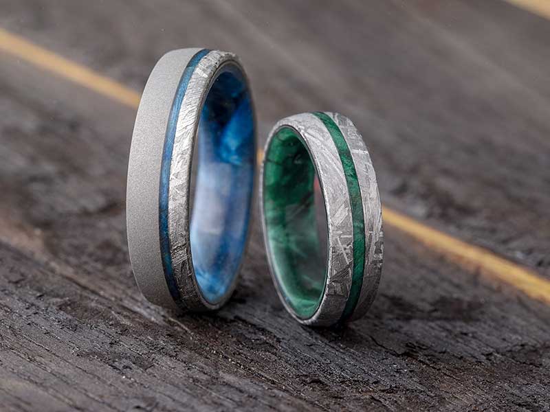 Blue and green and silver meteorite wedding rings by Jewelry by Johan