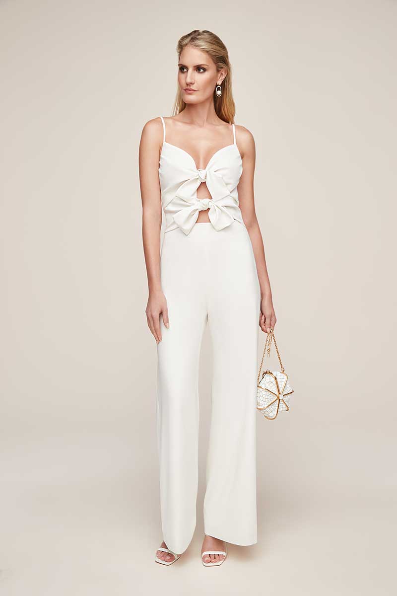 Stretch crepe bodice with bows white jumpsuit