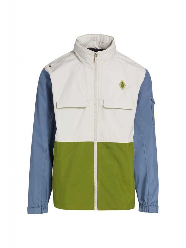 Men's winter jacket with blue sleeves and color blocked with white on top and green on bottom