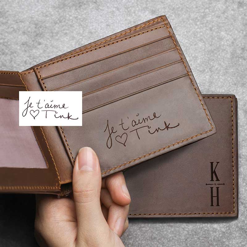 Custom engraved leather wallet in brown