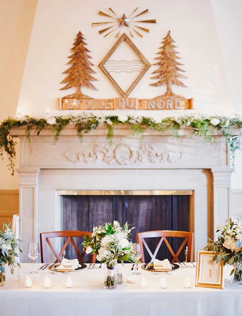 Sweetheart wedding table sits in front of historic fireplace in the Woman's Club of Minneapolis 